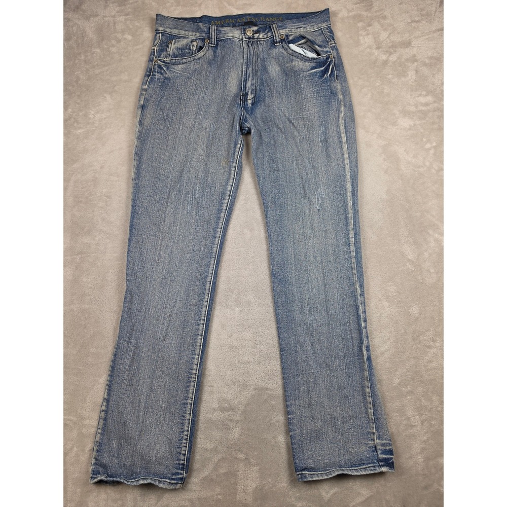 American Exchange Jeans Mens 36x34 Blue Denim Straight Leg Distressed Stained